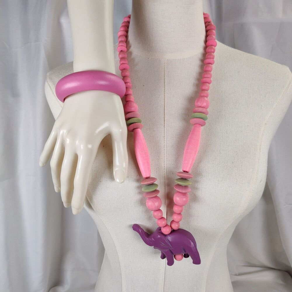 Vintage Carved Wood Chunky Necklace and Bangle 30in Purple Elephant Safari
